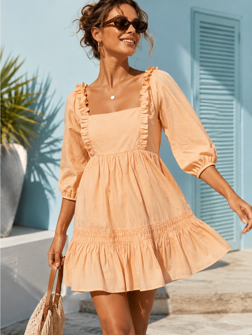 MINKPINK NWT Peach Cotton Ruffle Open Back Puff Sleeve Mini Dress medium